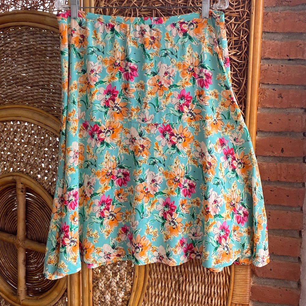 Louie Lucie A-Line Floral Skirt in Aqua with Pink & Yellow Blooms Size Large